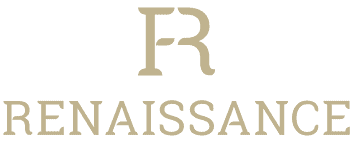 Beige stylized letters "R" and reversed "R" above the word "RENAISSANCE" in uppercase, all on a white background.