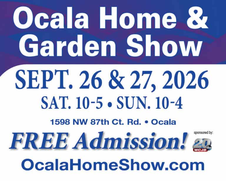Flyer for the Ocala Home & Garden Show on Sept. 26-27, 2026, at 1598 NW 87th Ct. Rd., Ocala. Free admission. Event website and sponsor logos included.