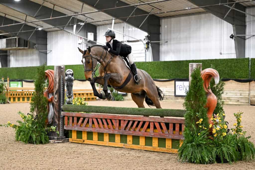 A rider in equestrian attire and helmet guides a horse over a jump during an indoor show jumping competition.
