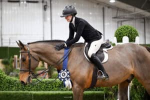 A rider wearing a helmet and riding attire pats a horse adorned with a large blue and white ribbon in an indoor equestrian arena.