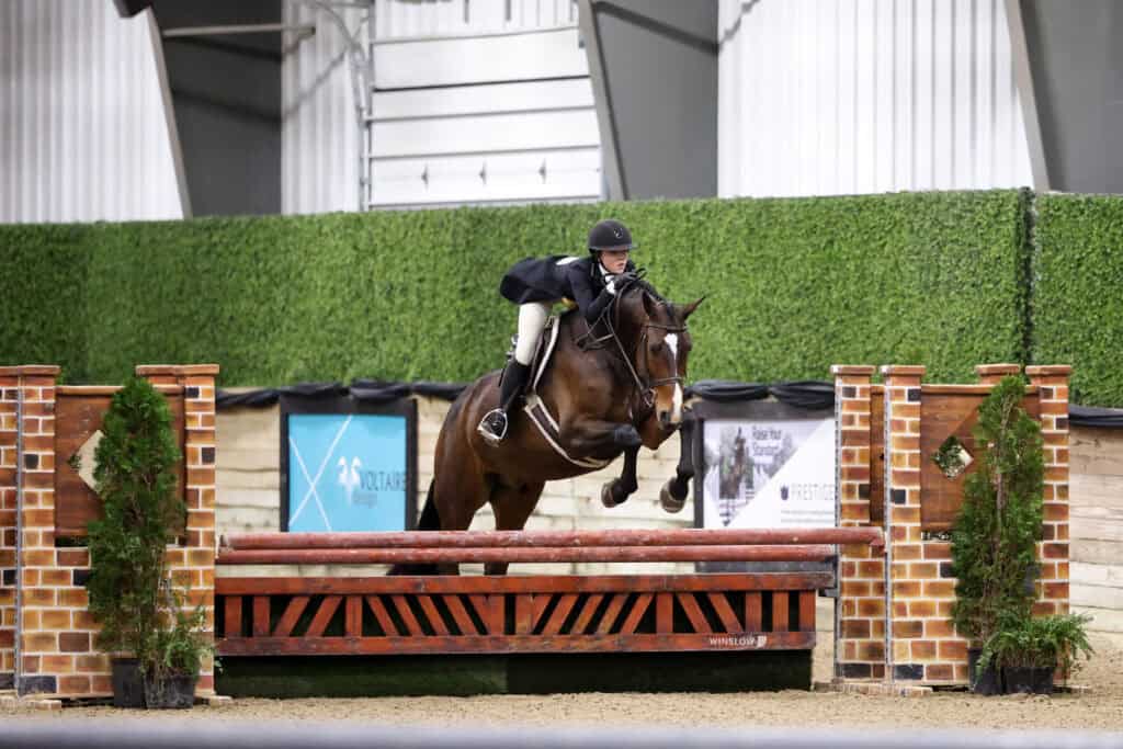 Equestrian rider in a black jacket and helmet guides a brown horse over a brick-patterned jump in an indoor arena.