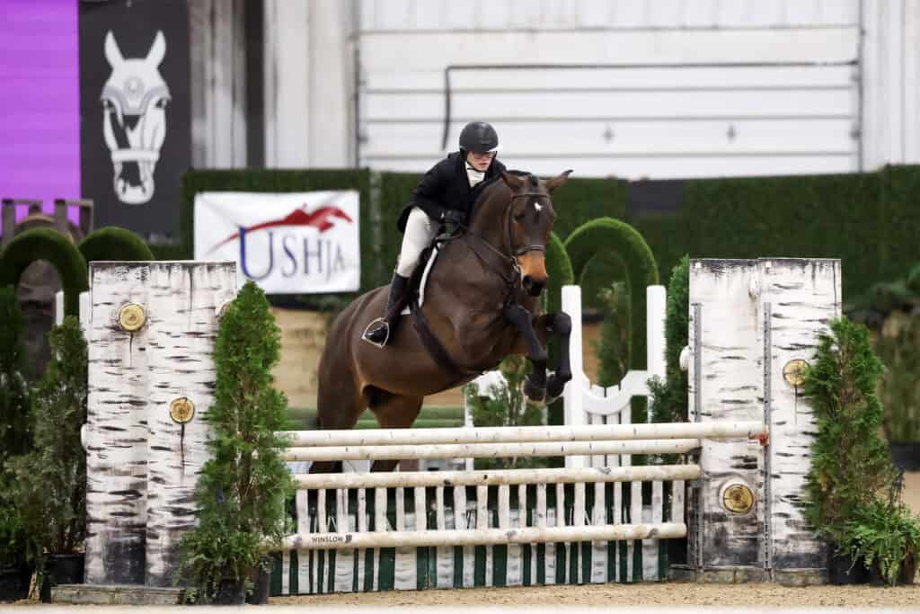 A rider wearing a helmet and jacket jumps a horse over a white and wooden barrier during an indoor equestrian event.