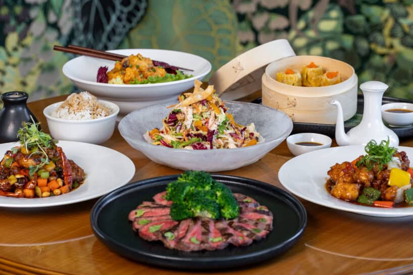 A table with various Asian dishes, including sliced beef with broccoli, stir-fried vegetables, dumplings in a bamboo steamer, rice, and two plates of sauced meat.