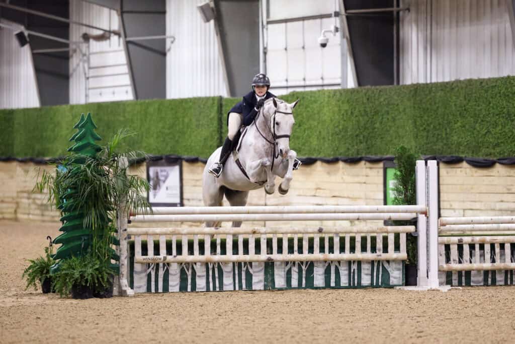 A person riding a white horse jumps over an obstacle during an indoor equestrian event.