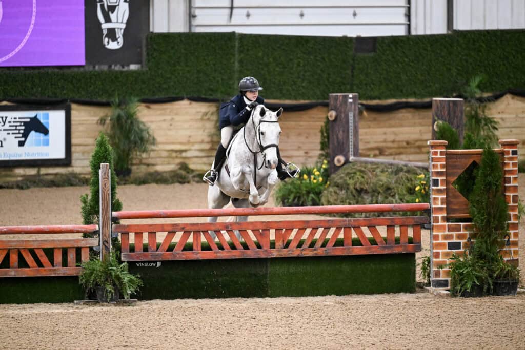 A rider on a gray horse jumps over a red and brown fence in an indoor equestrian arena.