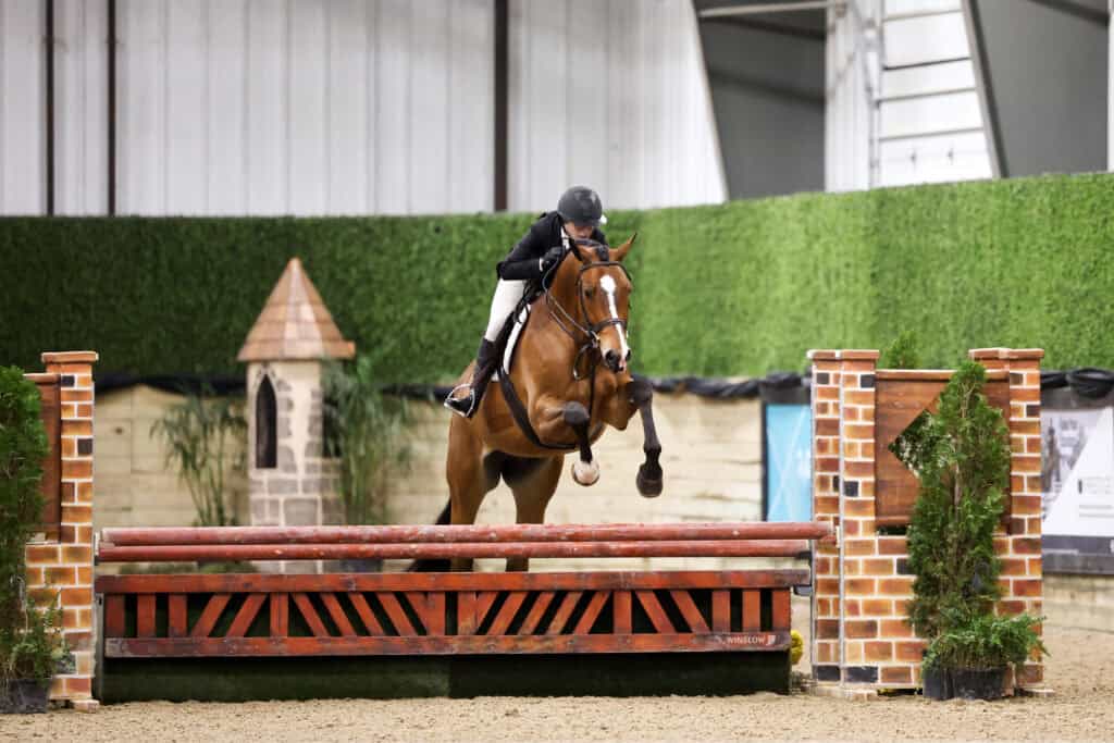 A rider in equestrian gear and helmet guides a horse over a wooden jump in an indoor arena with artificial greenery and brick decorations.