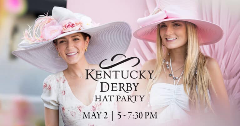 Two women wearing large, decorative hats and light-colored dresses smile at a Kentucky Derby Hat Party event, with event details displayed on the image.