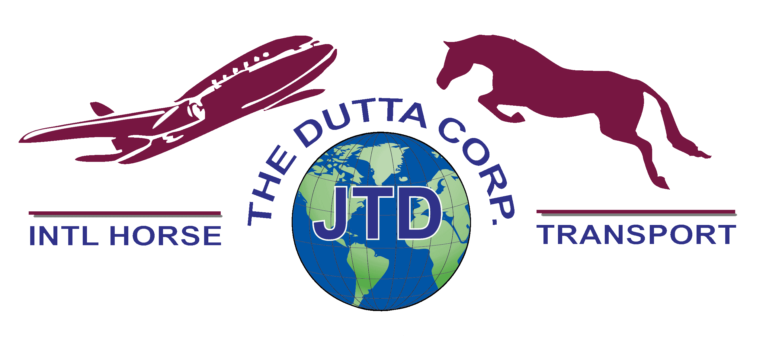 Logo with an airplane and a horse above a globe, text reads "THE DUTTA CORP." with "INTL HORSE TRANSPORT" and "JTD" in the center of the globe.