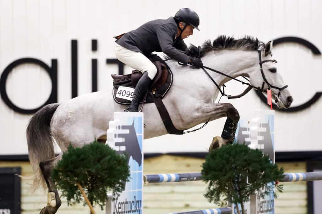 A rider in a helmet and riding gear guides a gray horse over a jump during an indoor equestrian competition.