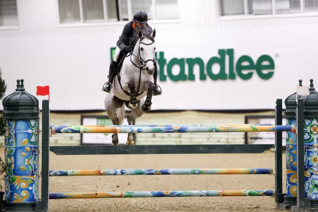 Equestrian rider in helmet and jacket guides a gray horse over a colorful jump inside an indoor arena with "Standlee" signage in the background.