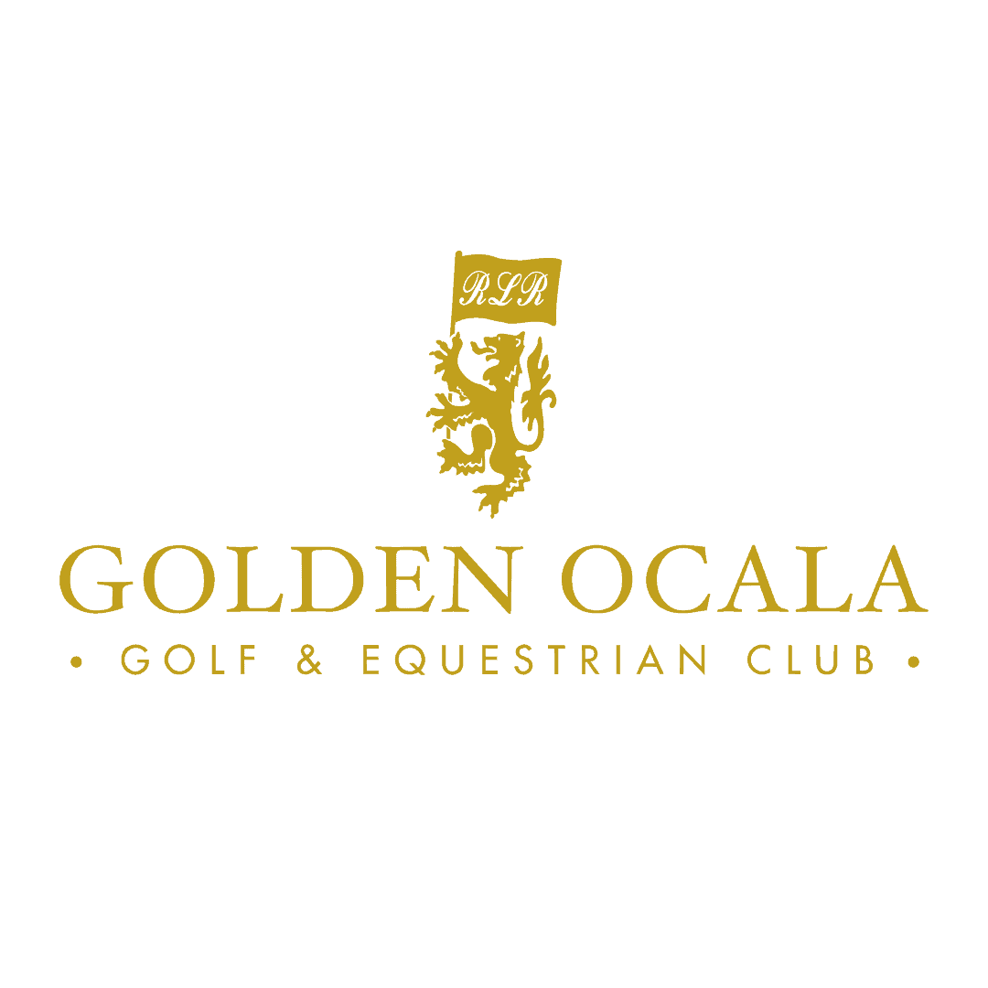 Golden Ocala Golf & Equestrian Club logo with a gold lion crest above the club name in gold capital letters on a white background.