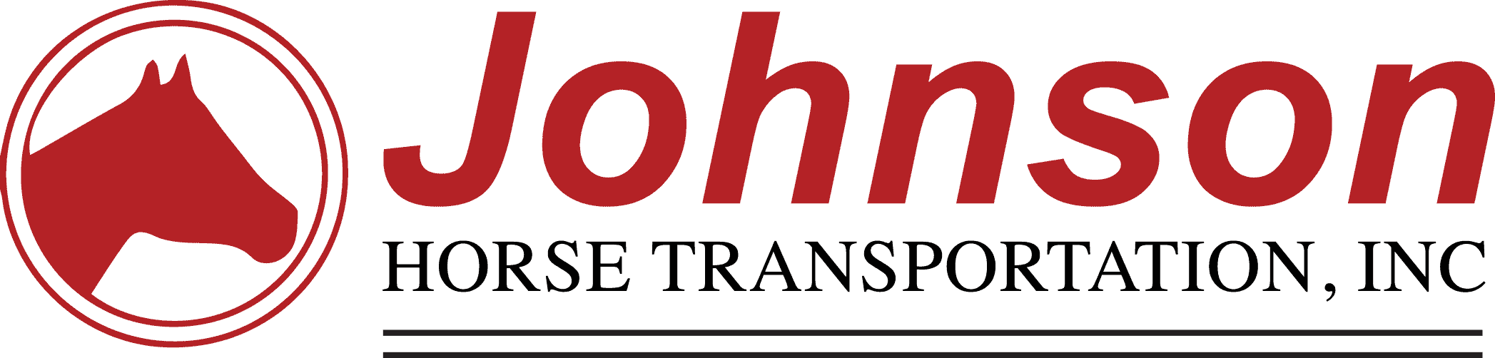 Logo for Johnson Horse Transportation, Inc., featuring a red horse head silhouette in a circle next to the company name in bold red and black text.