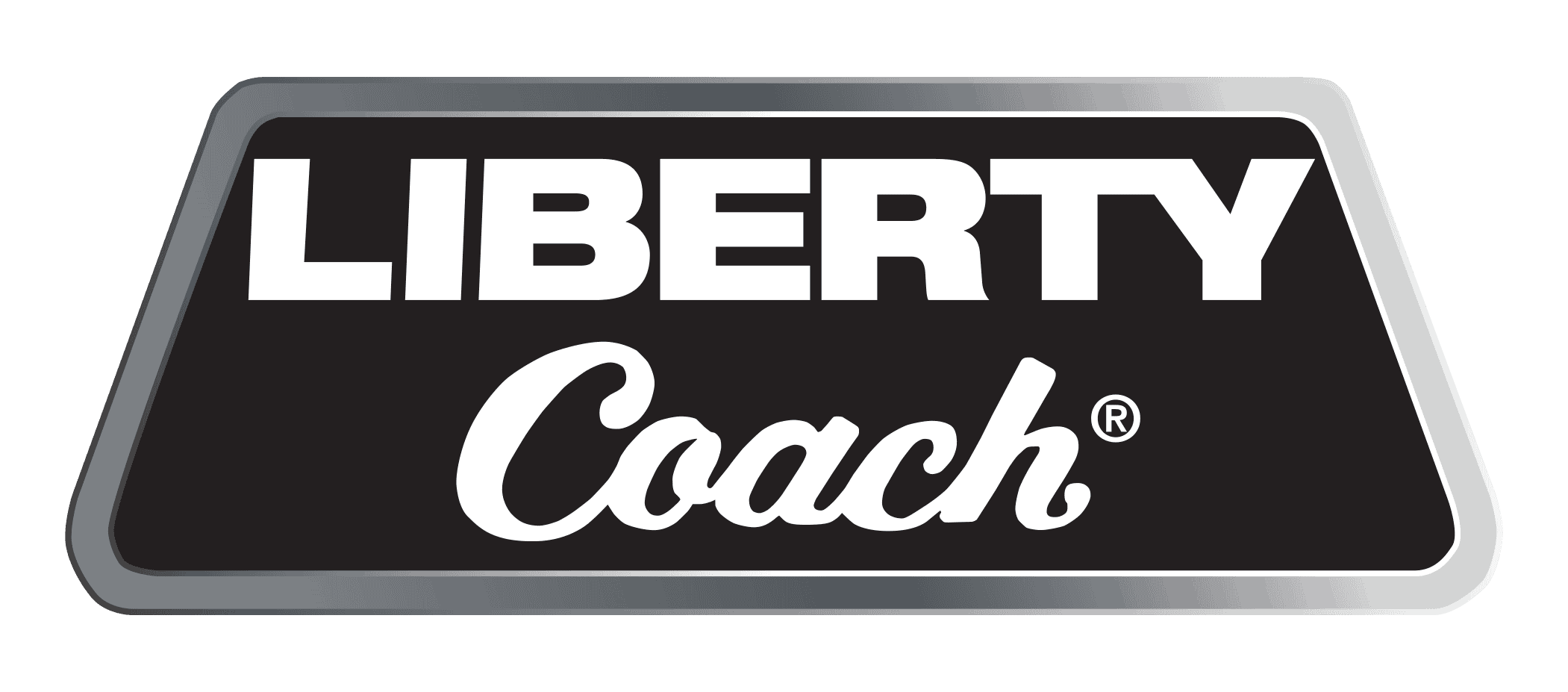 Liberty Coach logo with bold white text on a black background and a metallic silver border.