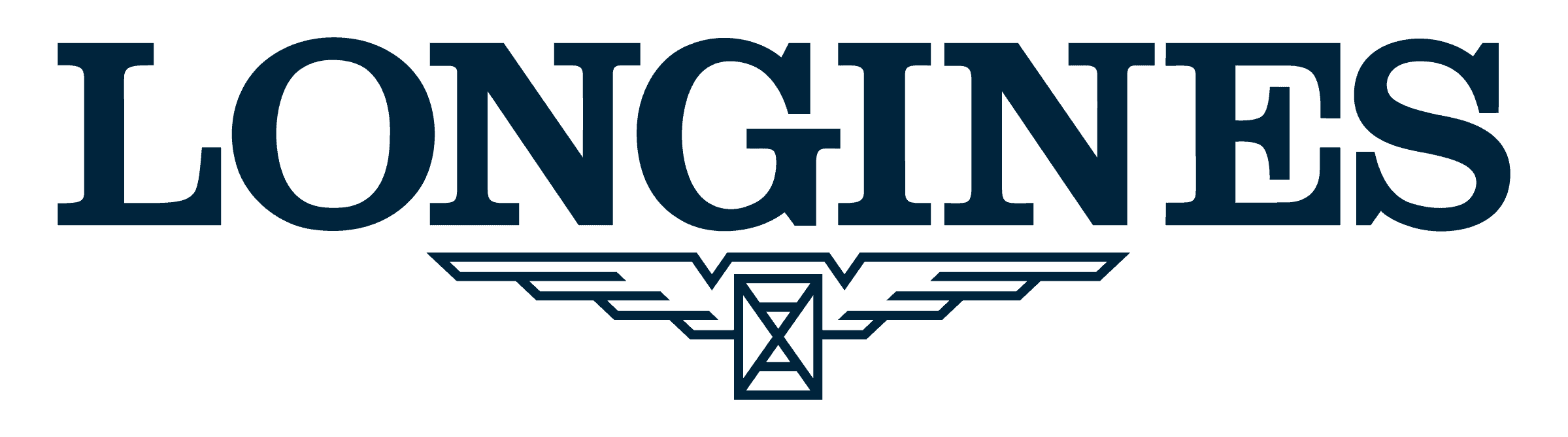 Longines logo with bold navy text and a stylized winged hourglass symbol beneath the text.