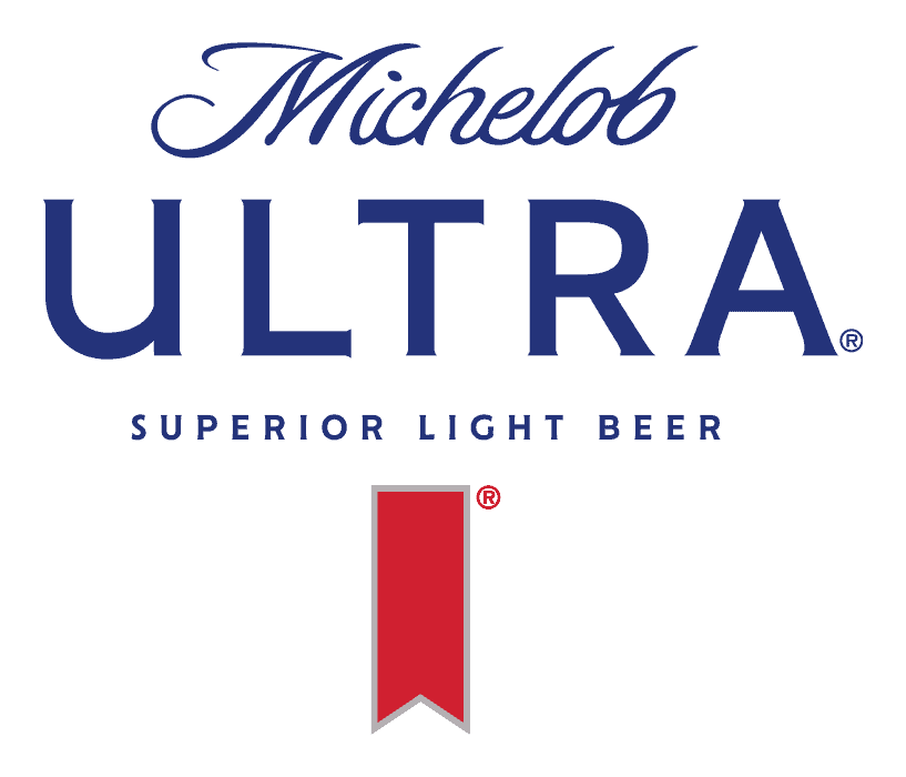 Michelob Ultra logo with the words "SUPERIOR LIGHT BEER" and a red ribbon below the text.