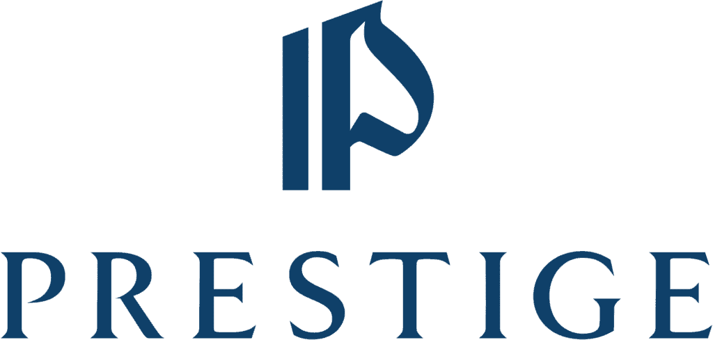 A stylized blue letter "P" logo appears above the word "PRESTIGE" in bold, uppercase blue letters on a light background.