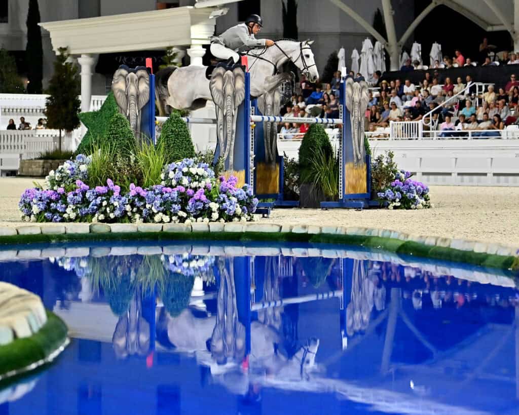 A rider on a white horse jumps over an obstacle in an arena, with a crowd watching and the scene reflected in a blue pool of water in the foreground.