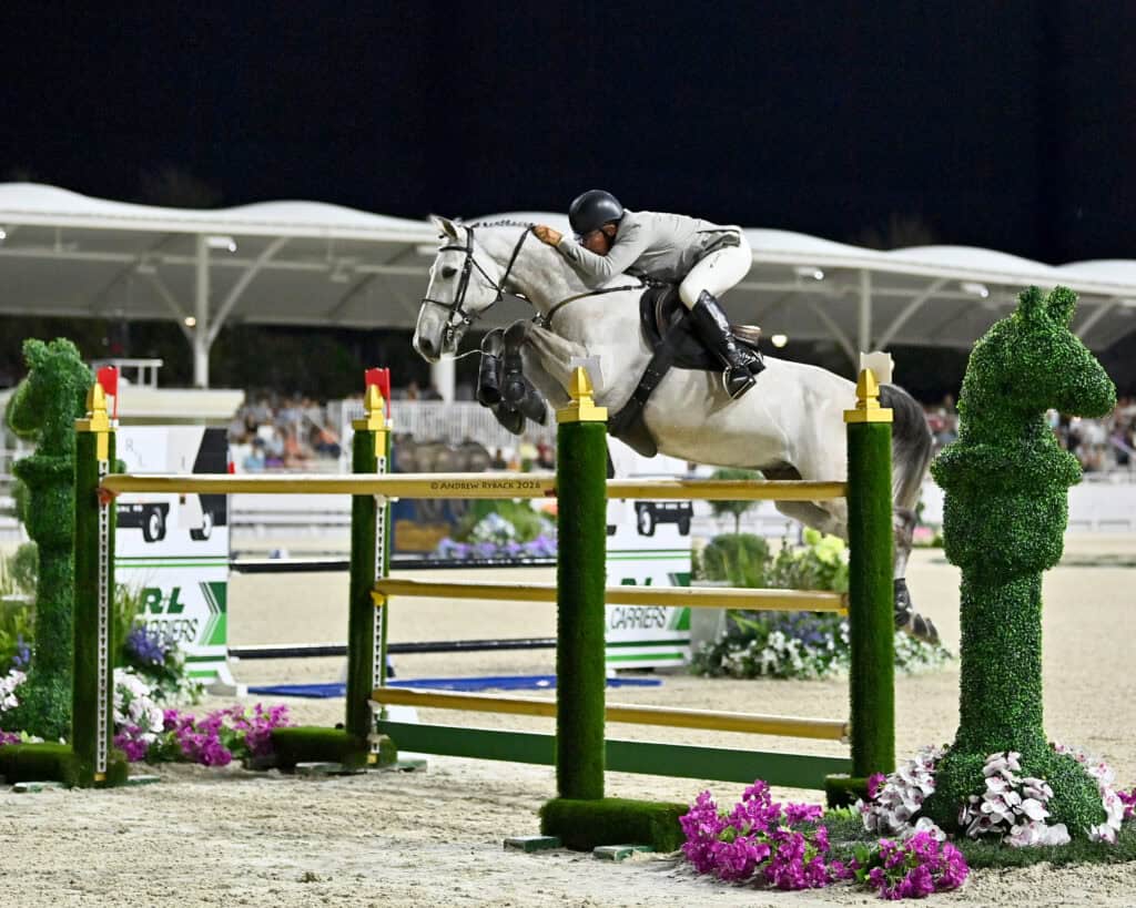 A rider on a white horse jumps over a colorful obstacle during a nighttime equestrian show jumping event.