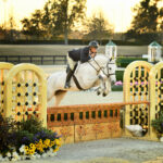 An equestrian rider on a white horse jumps over a decorative fence during an outdoor competition, with flowers and trees in the background.