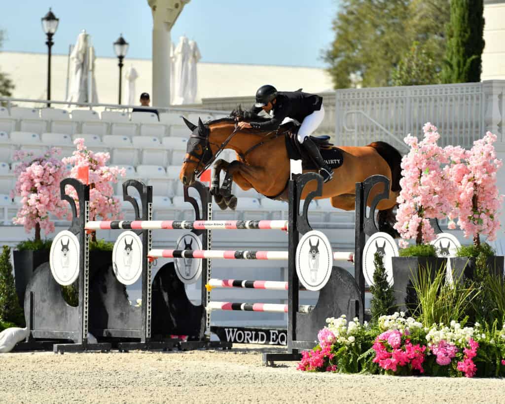 A rider in equestrian gear and helmet jumps a brown horse over an obstacle with floral decorations during a show jumping event.