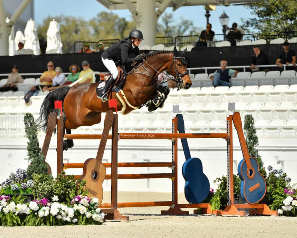 A horse and rider leap over a show jumping obstacle decorated with guitar-shaped panels in an arena with spectators in the background.