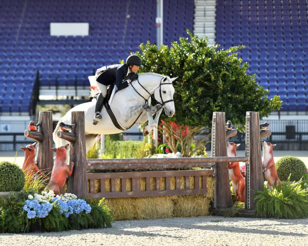 A rider on a white horse jumps over a wooden obstacle decorated with fox statues and flowers in an equestrian arena.