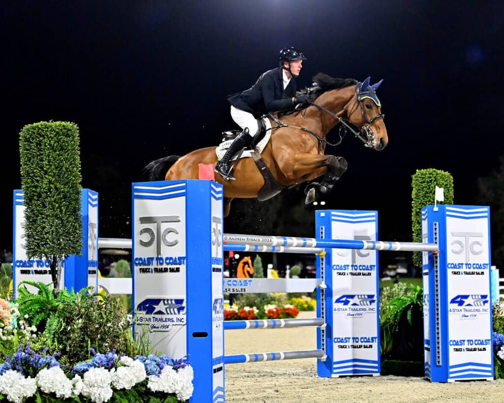 An equestrian rider and horse jump over a blue and white obstacle during a nighttime show jumping competition.