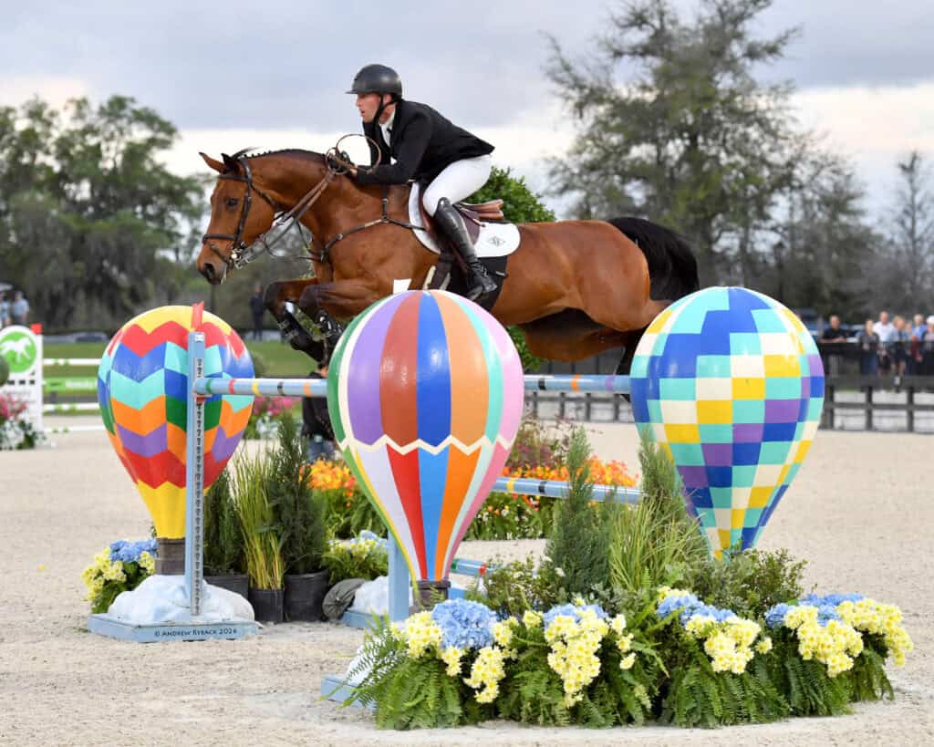A rider on a brown horse jumps over an obstacle decorated with colorful hot air balloon designs during an equestrian event.