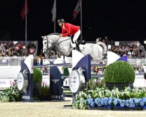 A rider in a red jacket jumps a gray horse over an obstacle during an equestrian competition, with a crowd watching in the background.