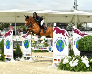 A horseback rider in a helmet jumps a brown horse over an obstacle during an equestrian show jumping competition, surrounded by flowers and event signage.