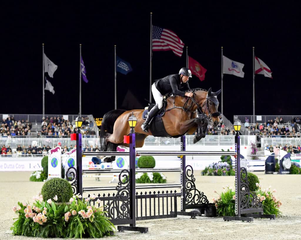 Equestrian jumping event at night with a rider and horse clearing a high obstacle; flags and seated spectators are visible in the background.
