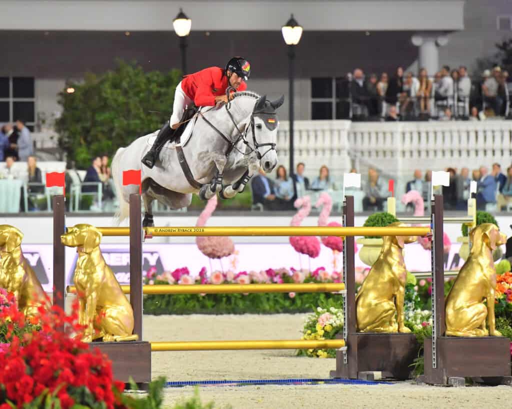 Equestrian rider in a red jacket jumps a white horse over a yellow obstacle with gold dog statues, with an audience and flamingo decorations in the background.