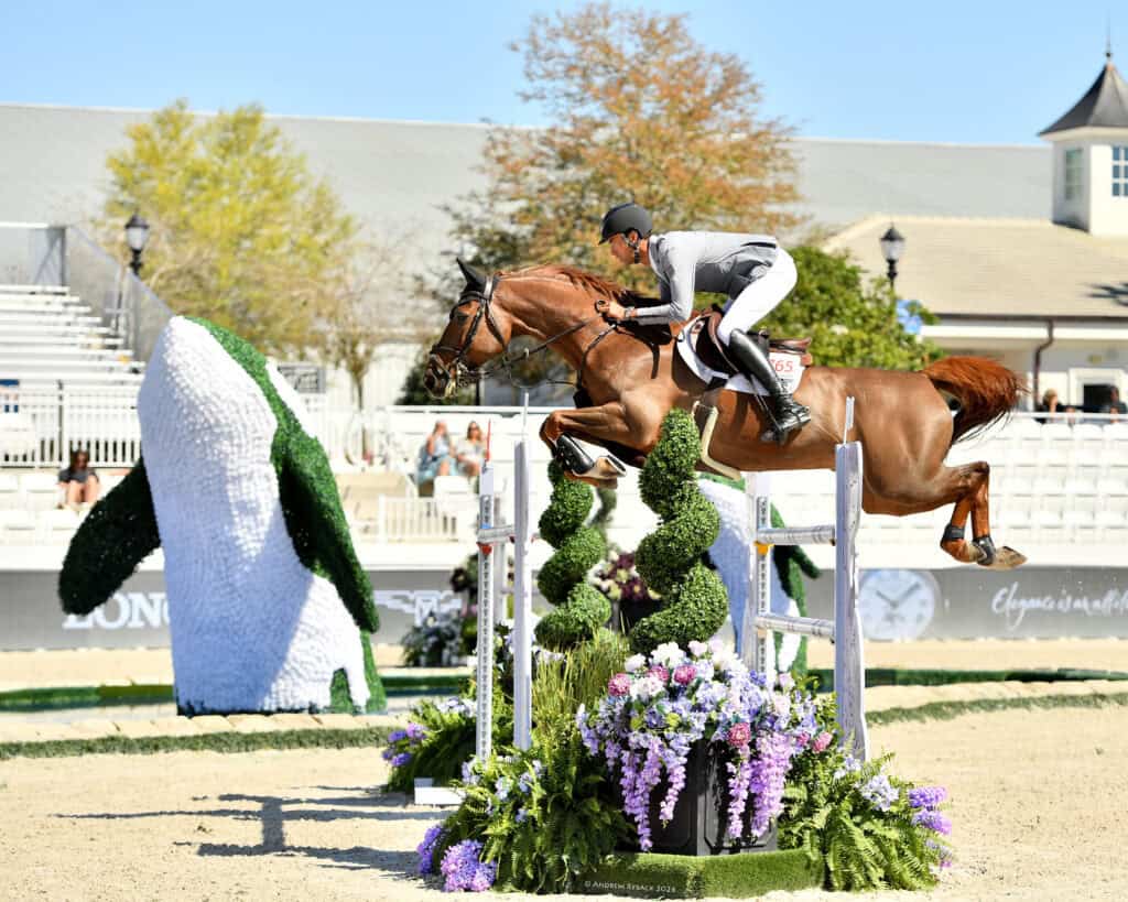 A rider and horse in mid-air jump over an obstacle during an equestrian competition, with decorative greenery and flowers in the arena.
