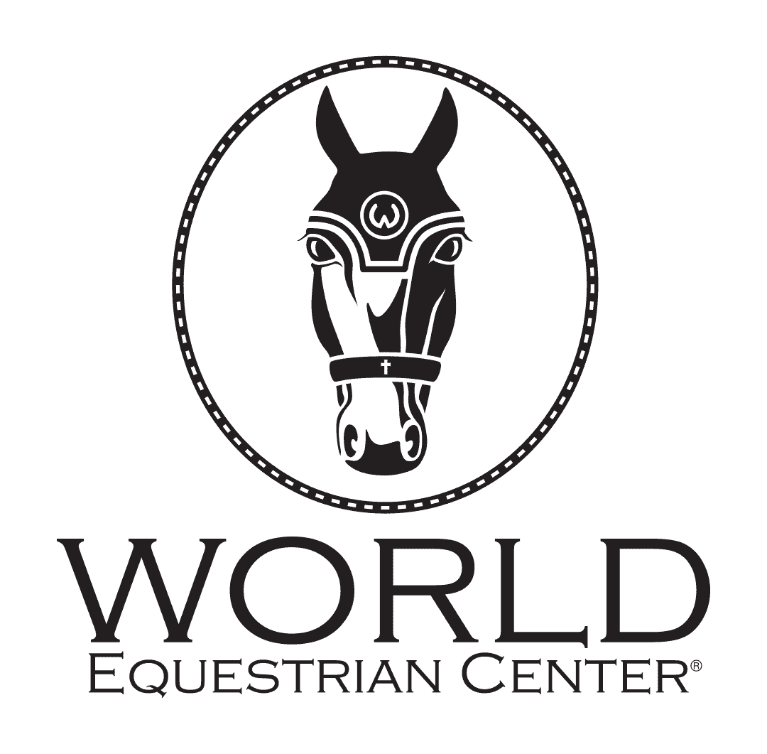 Black and white logo featuring a stylized horse head inside an oval, with the text "World Equestrian Center" below.