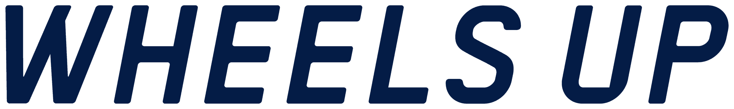Text logo displaying the words "WHEELS UP" in bold, navy blue, uppercase letters on a light background.