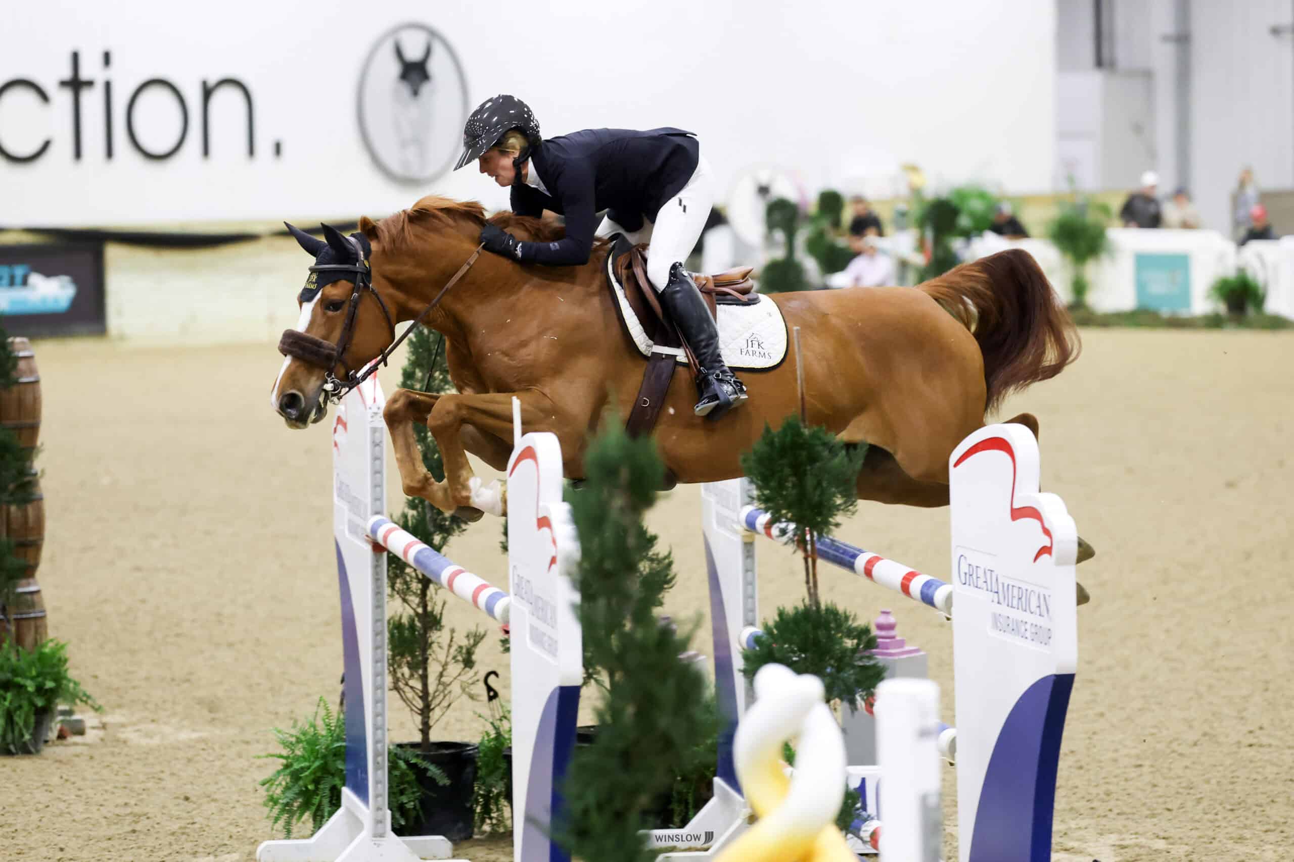 A rider in equestrian attire guides a horse over a jump during an indoor show jumping competition.