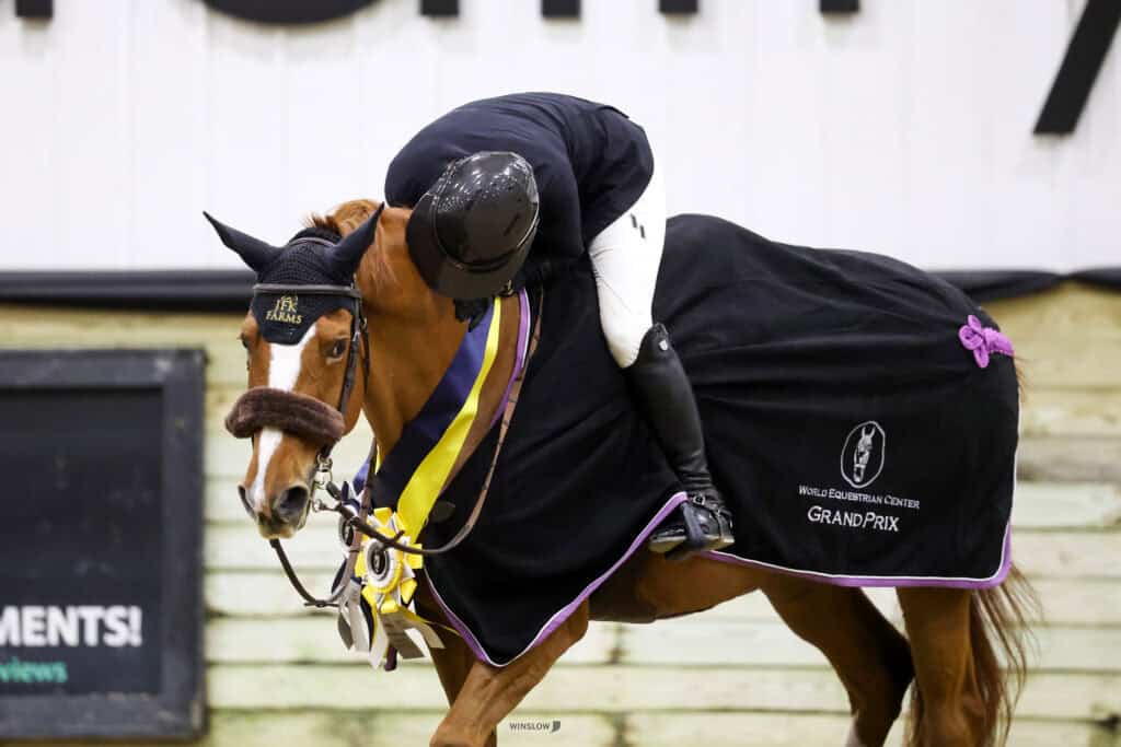 A rider in a helmet leans forward to embrace a horse wearing a winner's blanket and multiple ribbons at an indoor equestrian event.