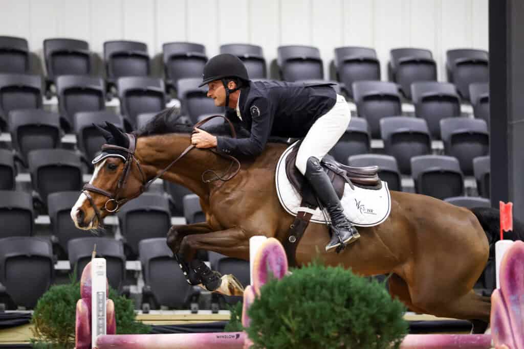 A rider in a black jacket and helmet guides a brown horse over a jump in an indoor equestrian arena with empty seats in the background.
