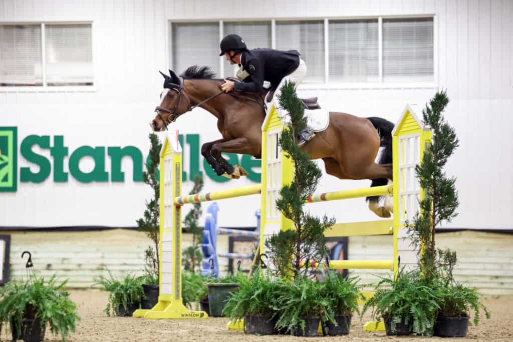 Equestrian rider in a black jacket and helmet jumps a brown horse over a yellow and white obstacle in an indoor arena.