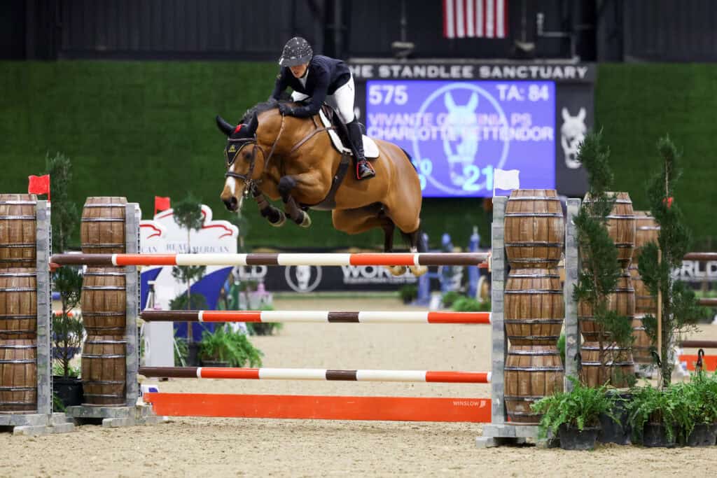 Equestrian rider and horse mid-jump over a high obstacle during an indoor show jumping competition.
