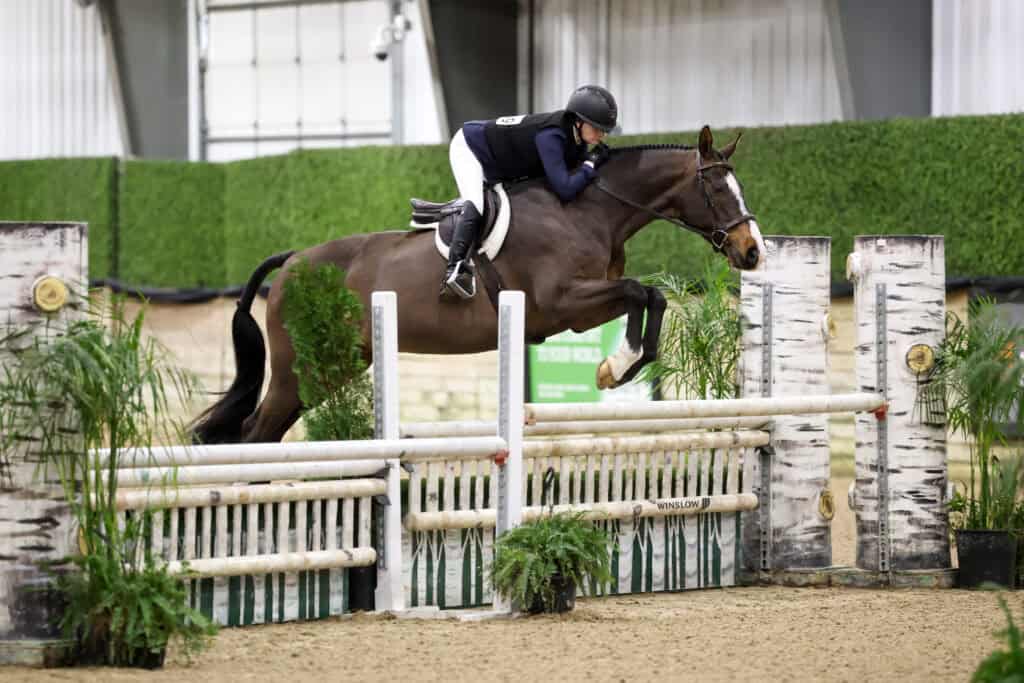 A rider in a helmet and equestrian attire guides a horse over a jump in an indoor arena during an equestrian event.