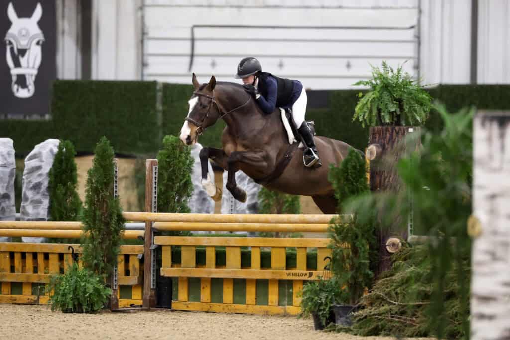 A rider in equestrian attire guides a horse over a yellow and green jump during an indoor show jumping event.