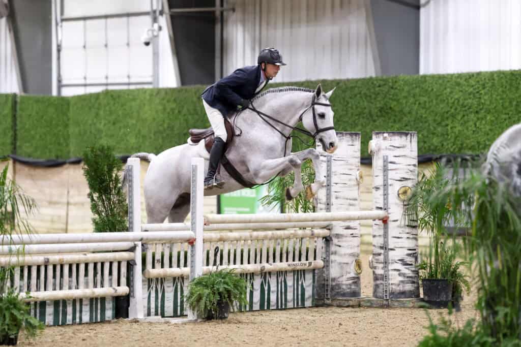 A rider in a helmet and jacket guides a gray horse over a jump in an indoor equestrian arena with green and wooden barriers.