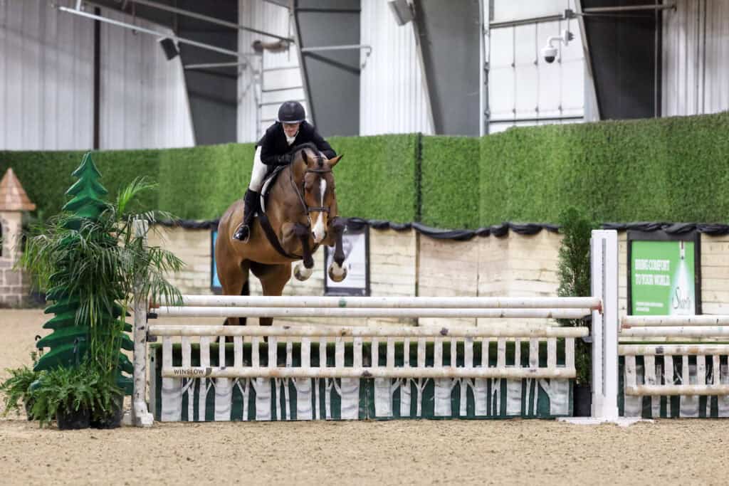 Equestrian rider in a black helmet and jacket jumps a brown horse over an obstacle during an indoor horse jumping competition.