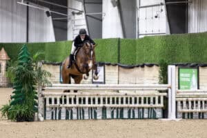 Equestrian rider in a black helmet and jacket jumps a brown horse over an obstacle during an indoor horse jumping competition.