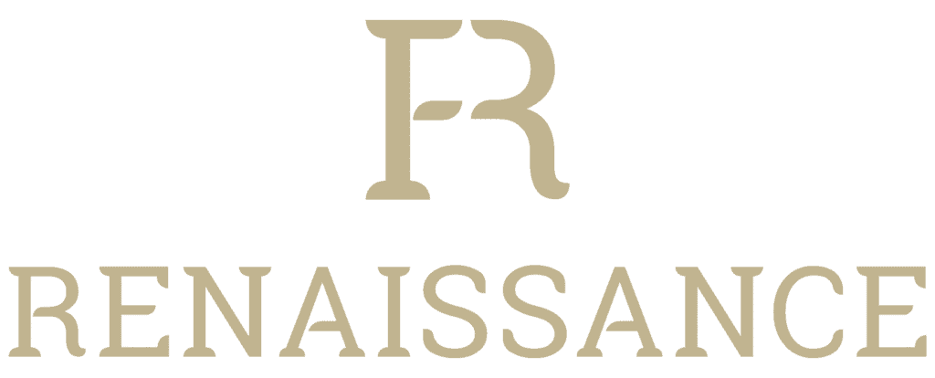 A beige "R" monogram is centered above the word "RENAISSANCE" in uppercase letters, both on a white background.