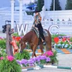 A horseback rider in a colorful shirt and black hat guides a horse through a decorated obstacle course with flowers and animal props at an outdoor arena.
