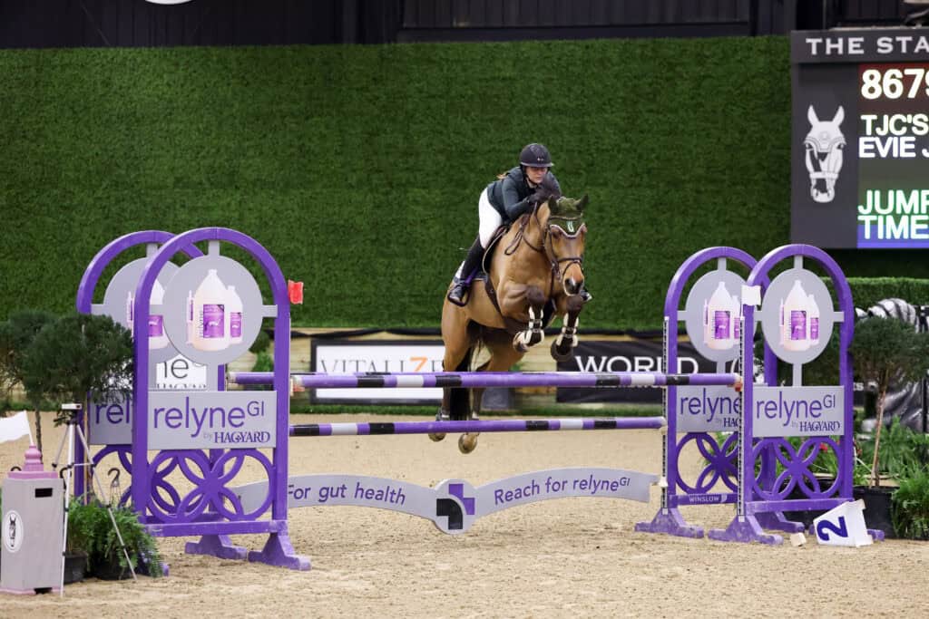 A rider on a brown horse jumps over a purple obstacle during an indoor equestrian competition, with advertisements visible in the background.