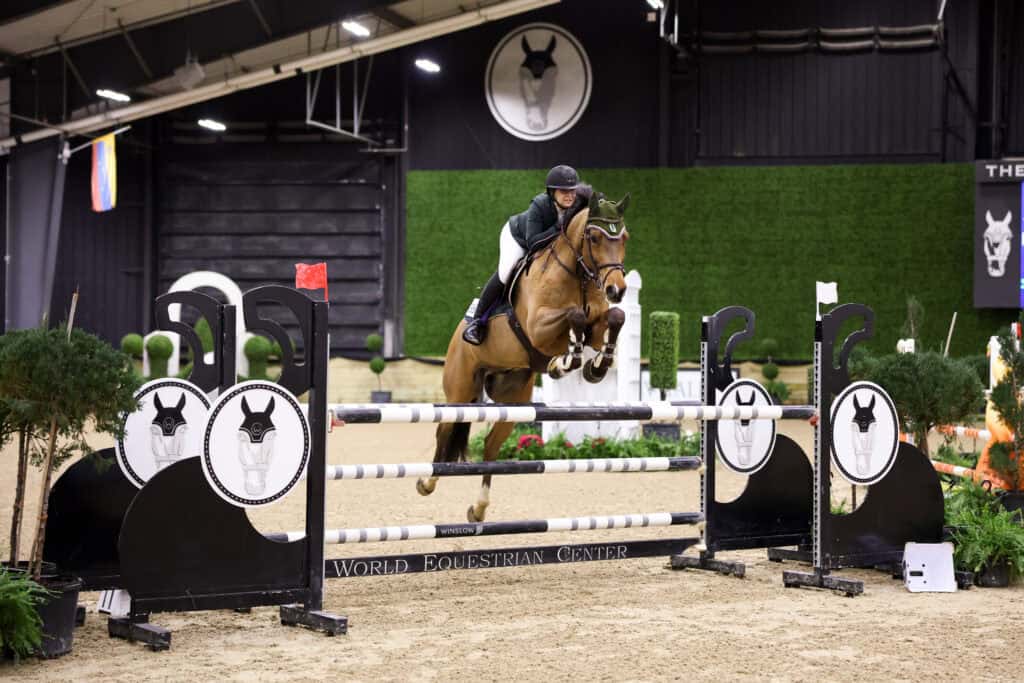A rider on horseback jumps over an obstacle during an indoor equestrian event at the World Equestrian Center.