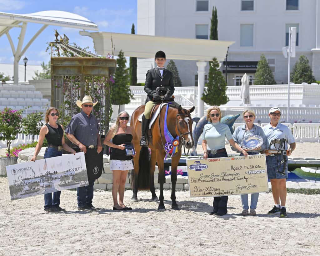 A group of people, including a person on horseback, stand together holding awards, ribbons, and large checks at an outdoor equestrian event.